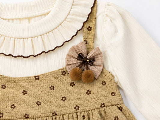 Girls Beige Floral Dress & Long Sleeve Top