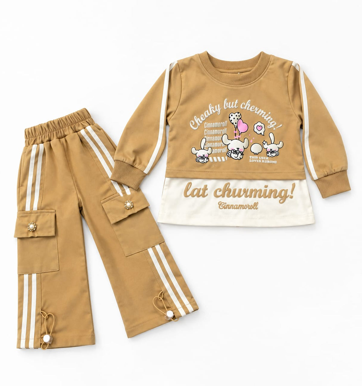 A toddler's two-piece clothing set featuring a long-sleeve graphic sweatshirt and matching cargo pants. The set is in a warm tan color, with the pants having white double stripes down the sides.