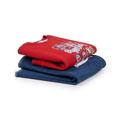 Folded red Doraemon sweatshirt and blue wide-leg pants kids set