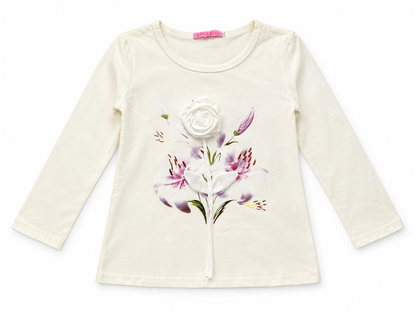 Girls White Floral Long Sleeve T-Shirt