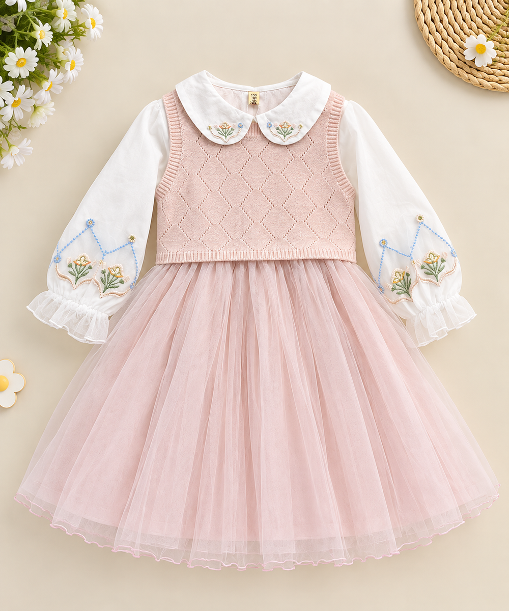 Pink Floral Collar Girls Dress