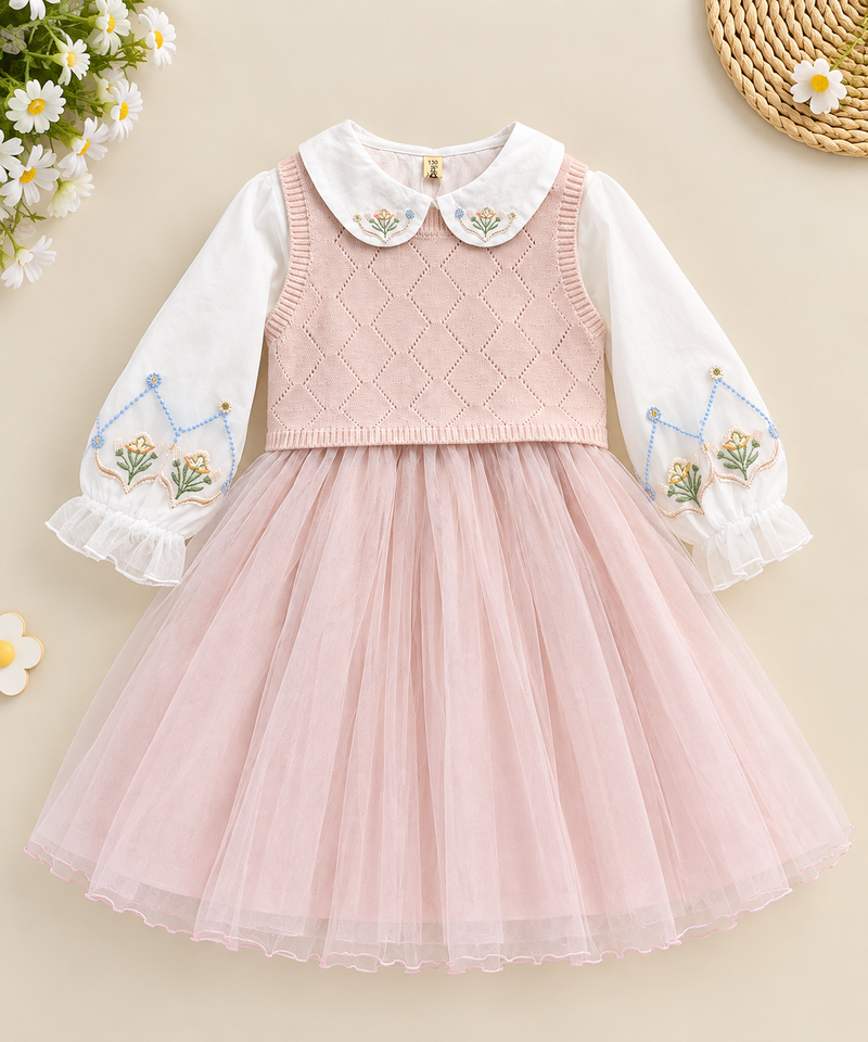 Pink Floral Collar Girls Dress