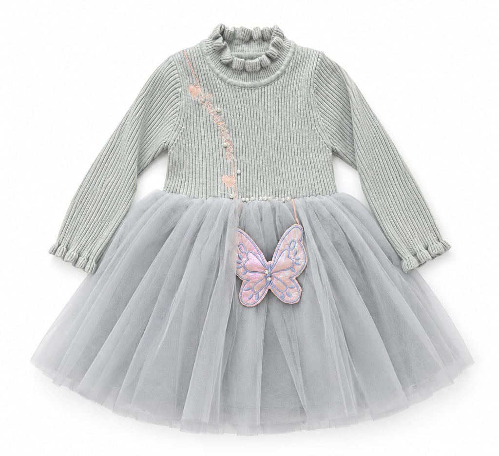 Girls’ Grey Butterfly Tulle Party Dress