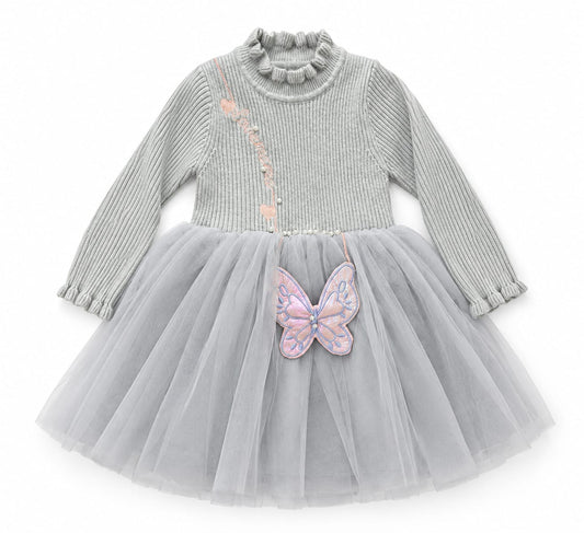 Girls’ Grey Butterfly Tulle Party Dress