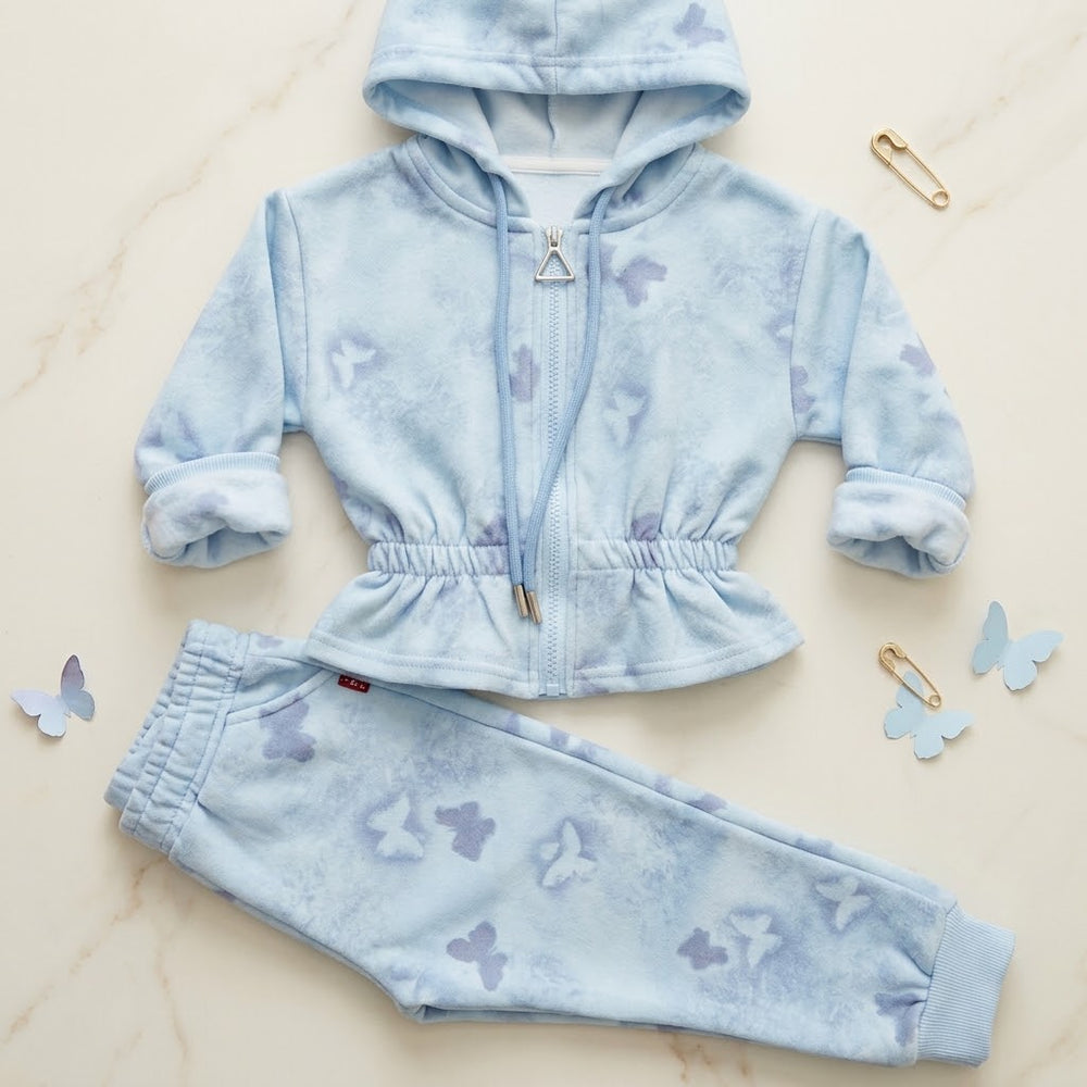 Blue Butterfly Tie-Dye Girls Hoodie & Pants Set