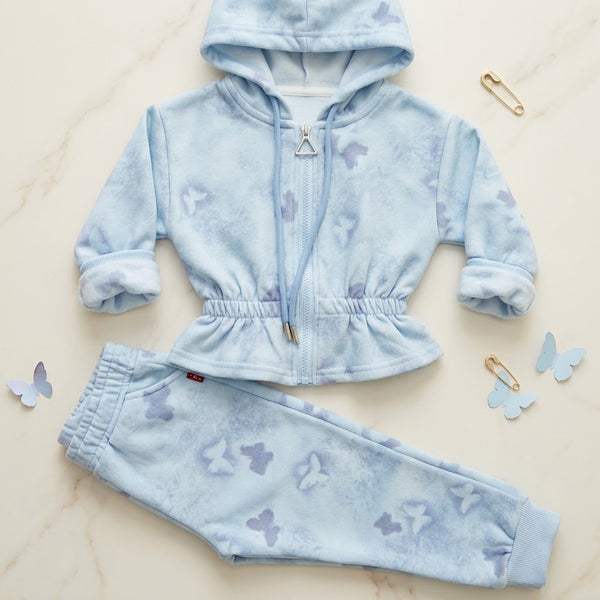 Blue Butterfly Tie-Dye Girls Hoodie & Pants Set