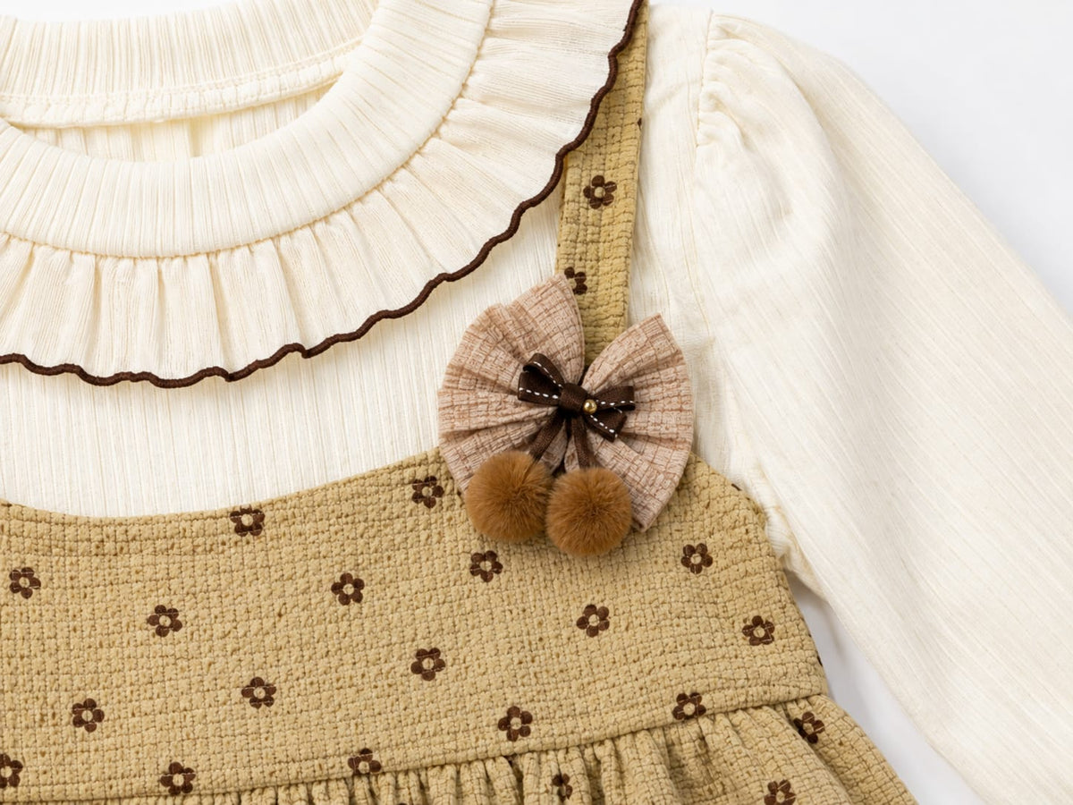 Girls Beige Floral Dress & Long Sleeve Top