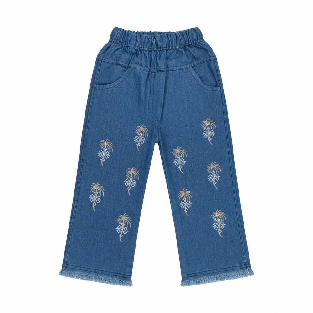 Blue embroidered wide-leg kids pants