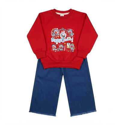 Red Doraemon sweatshirt with blue wide-leg pants kids 2-piece set